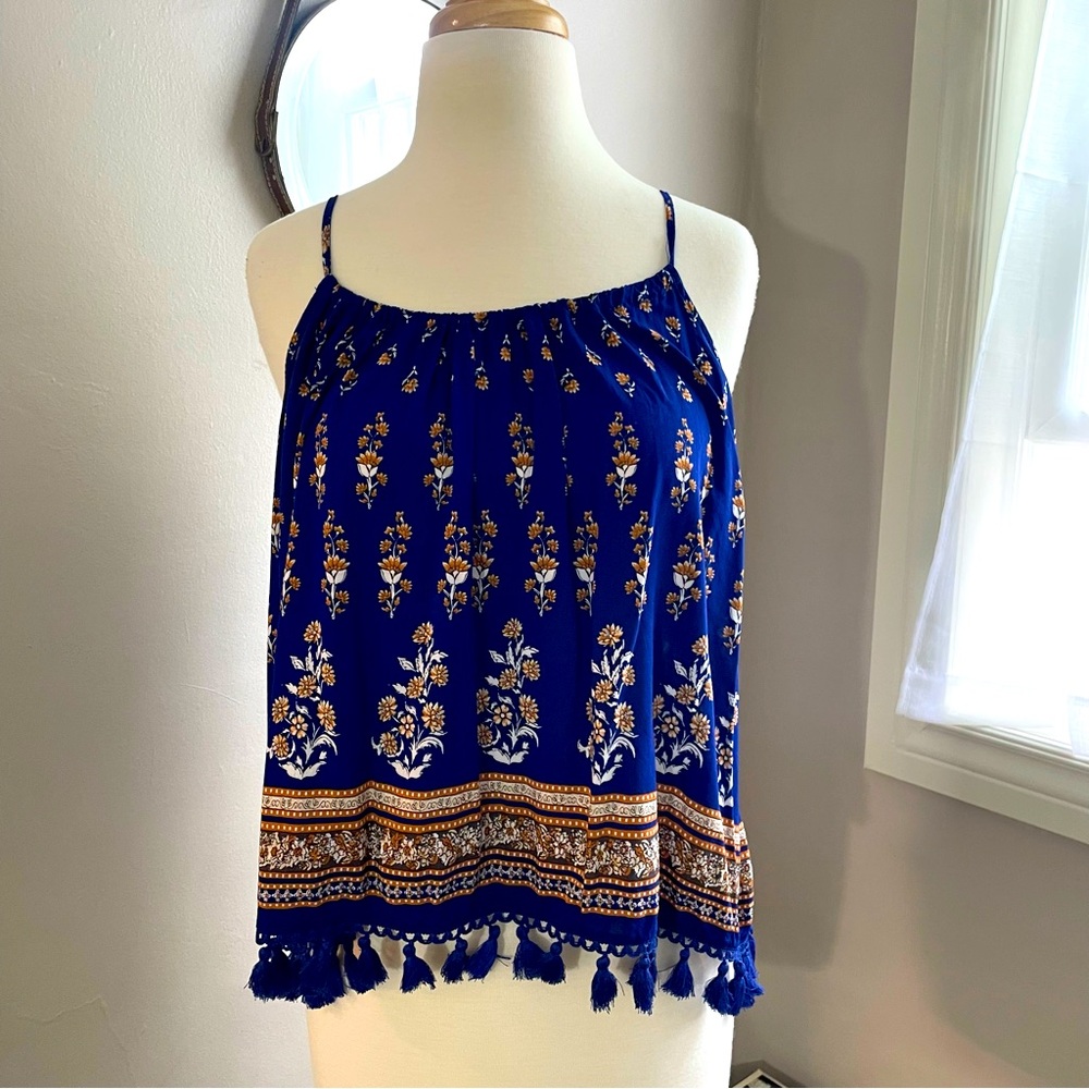 Boho Blue Floral Tassel Hem Swing Cami Tank Top Open Back Size Small
